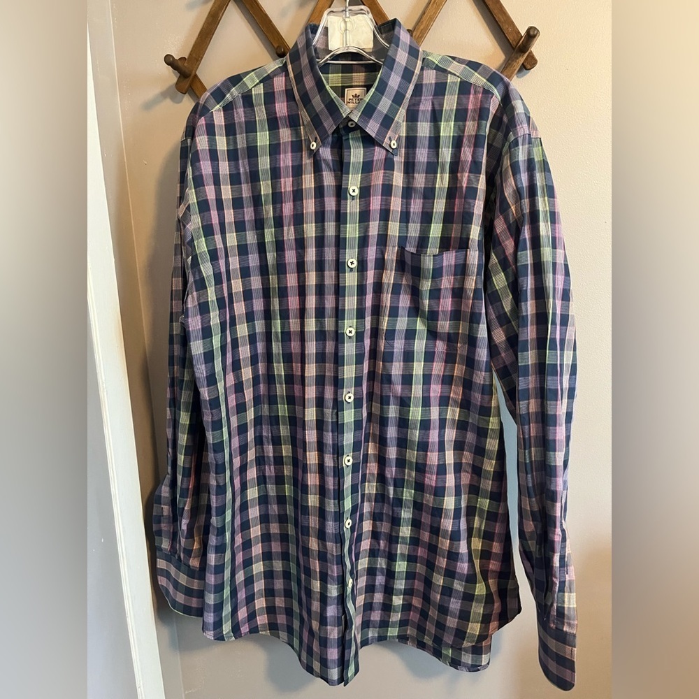 Peter Millar button down cotton dress shirt multi colour checked L